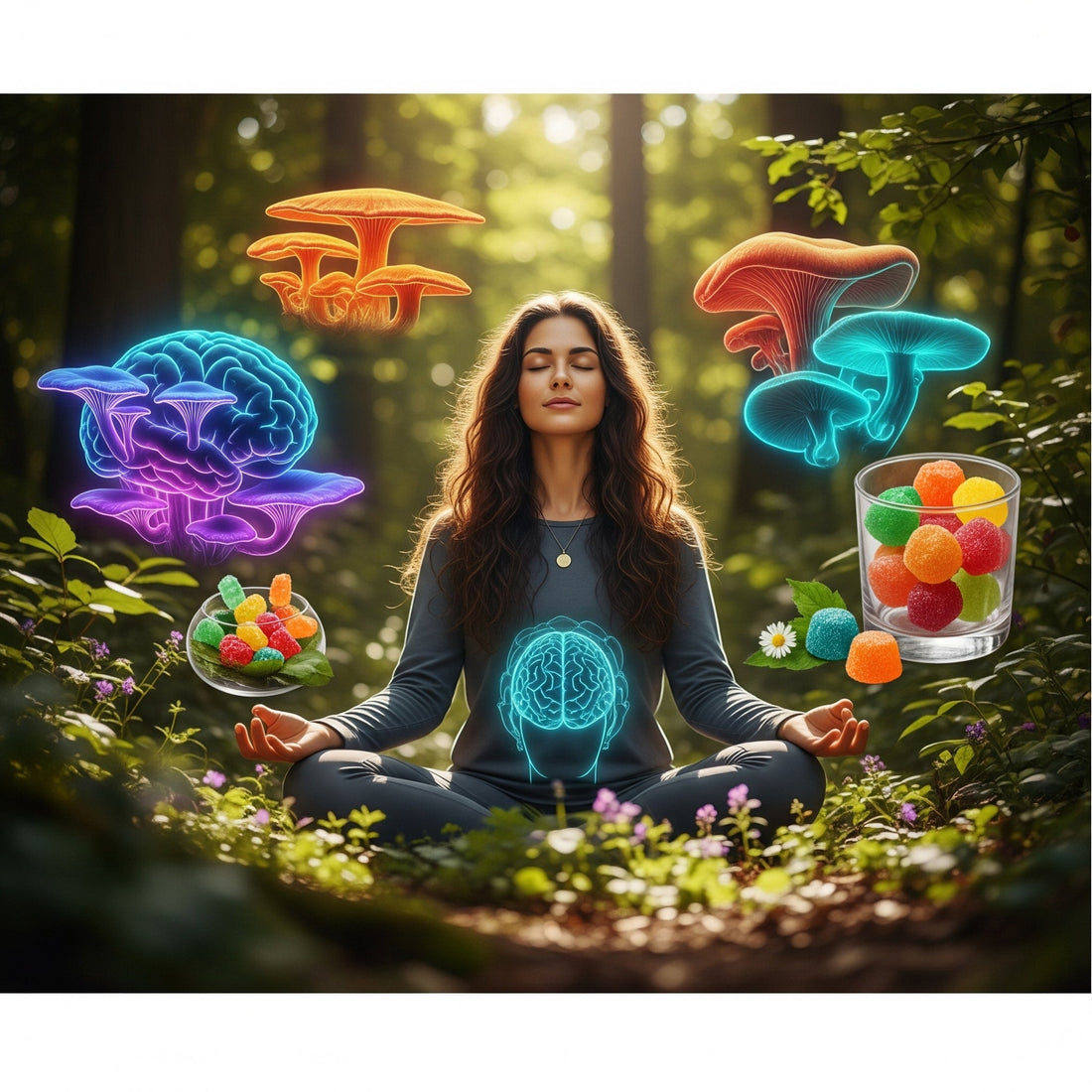 A person meditating in a lush forest, surrounded by ethereal glowing mushroom and brain visuals, with Nutrition Edge mushroom gummies, conveying mental clarity and holistic wellness.