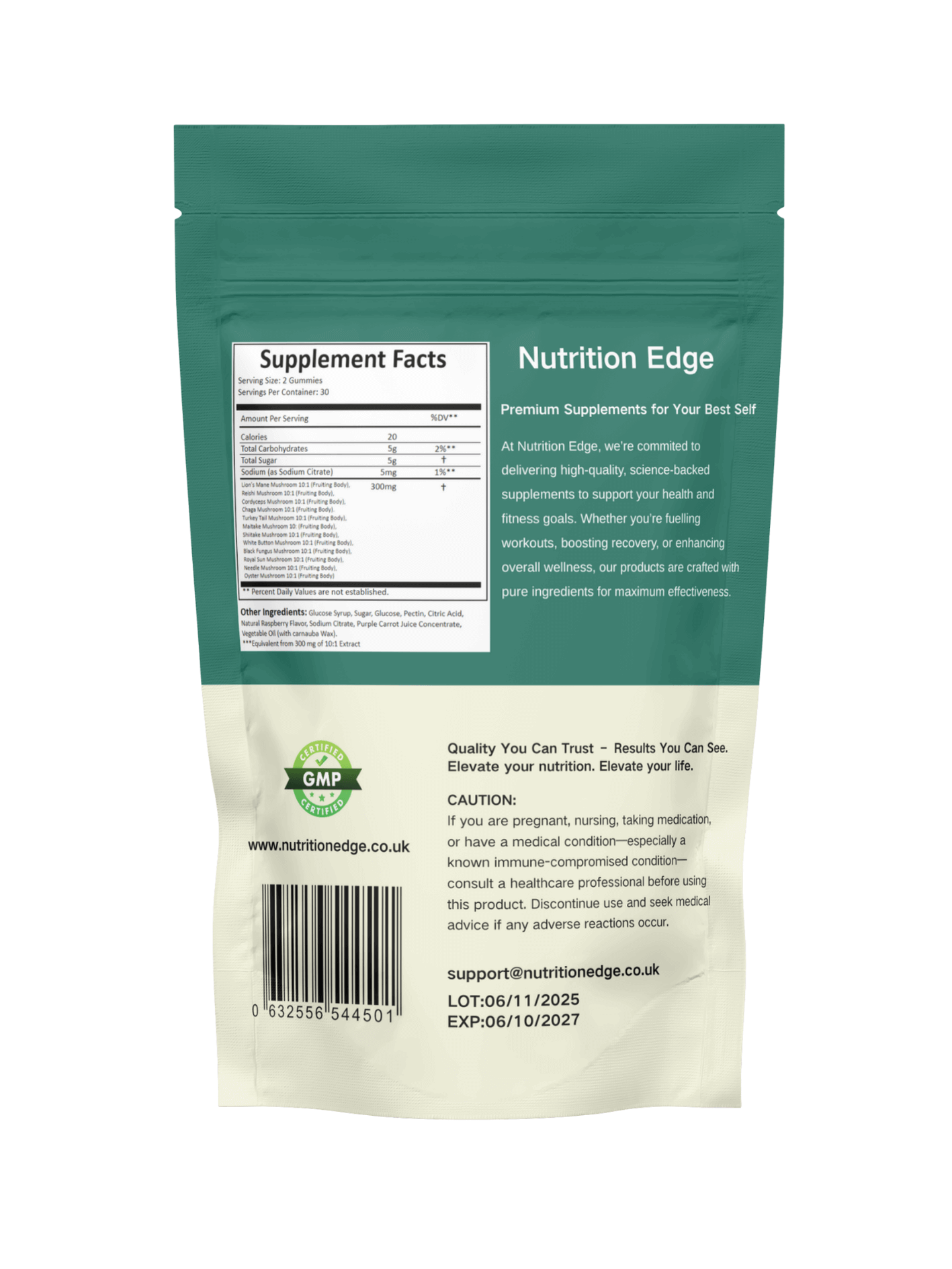 Back label of mushroom gummies with ingredients & dosage