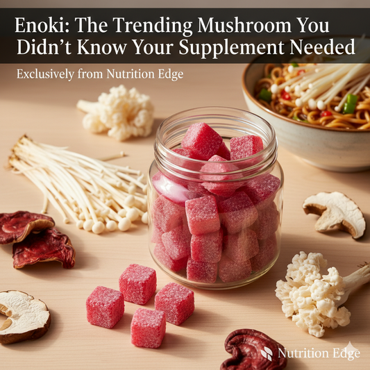 A jar of Nutrition Edge mushroom gummies surrounded by fresh Enoki mushrooms, dried Reishi, and other functional mushrooms.