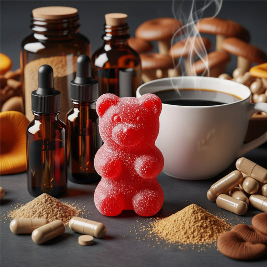 Red gummy bear centered among various UK mushroom supplement formats including capsules, powders, tinctures, and mushroom coffee