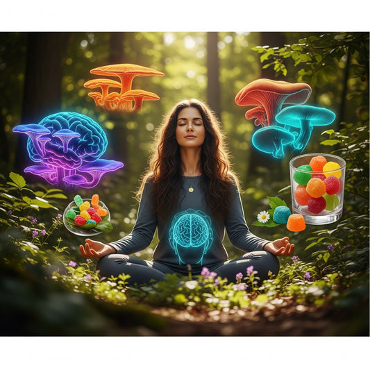 A person meditating in a lush forest, surrounded by ethereal glowing mushroom and brain visuals, with Nutrition Edge mushroom gummies, conveying mental clarity and holistic wellness.