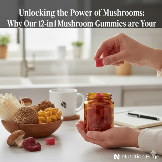 A jar of Nutrition Edge 12-in-1 Mushroom Gummies next to a variety of the 12 functional mushroom extracts