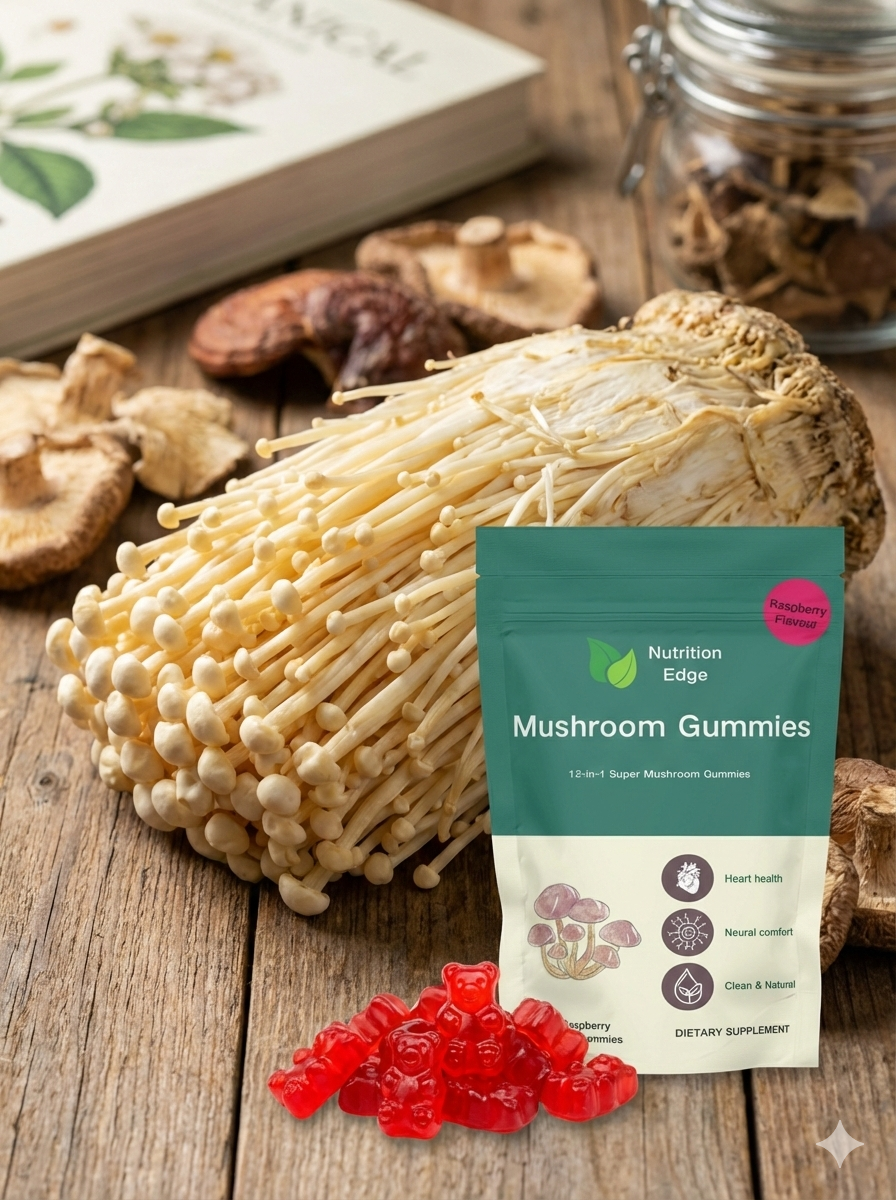 Nutrition Edge 12-in-1 Mushroom Gummies pouch displayed next to a large cluster of fresh Enoki mushrooms and red gummy bears.