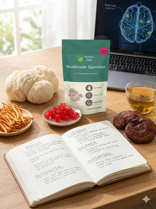 "Nutrition Edge 12-in-1 Mushroom Gummies pouch on a desk with a notebook labeled Focus and Balance, surrounded by fresh Lion's Mane and Cordyceps mushrooms.