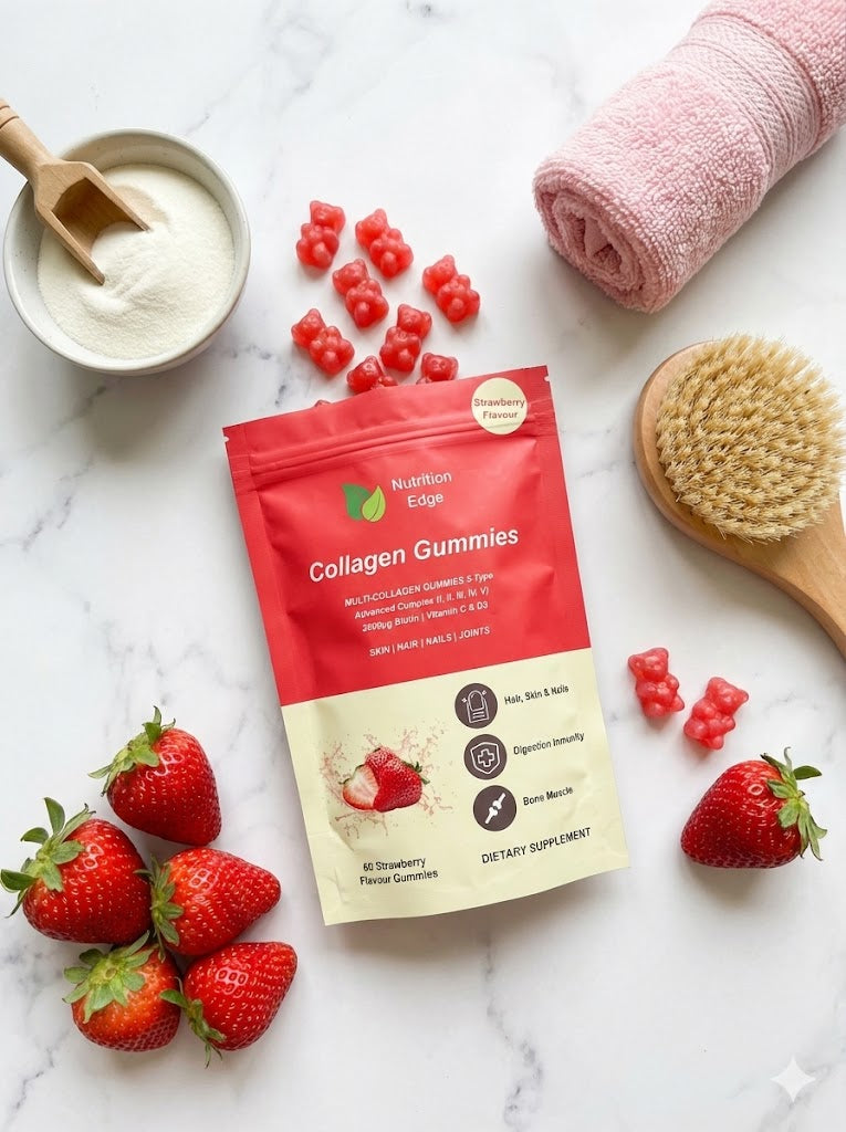 Nutrition Edge Multi-Collagen Gummies with strawberries and skincare items.