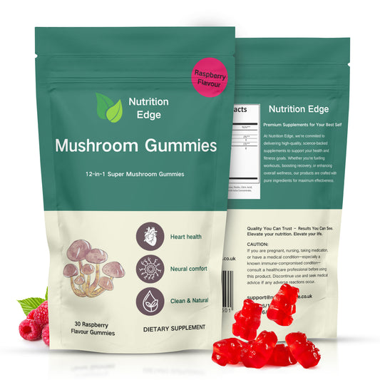 Nutrition Edge Mushroom Gummies packaging with gummies on a white background