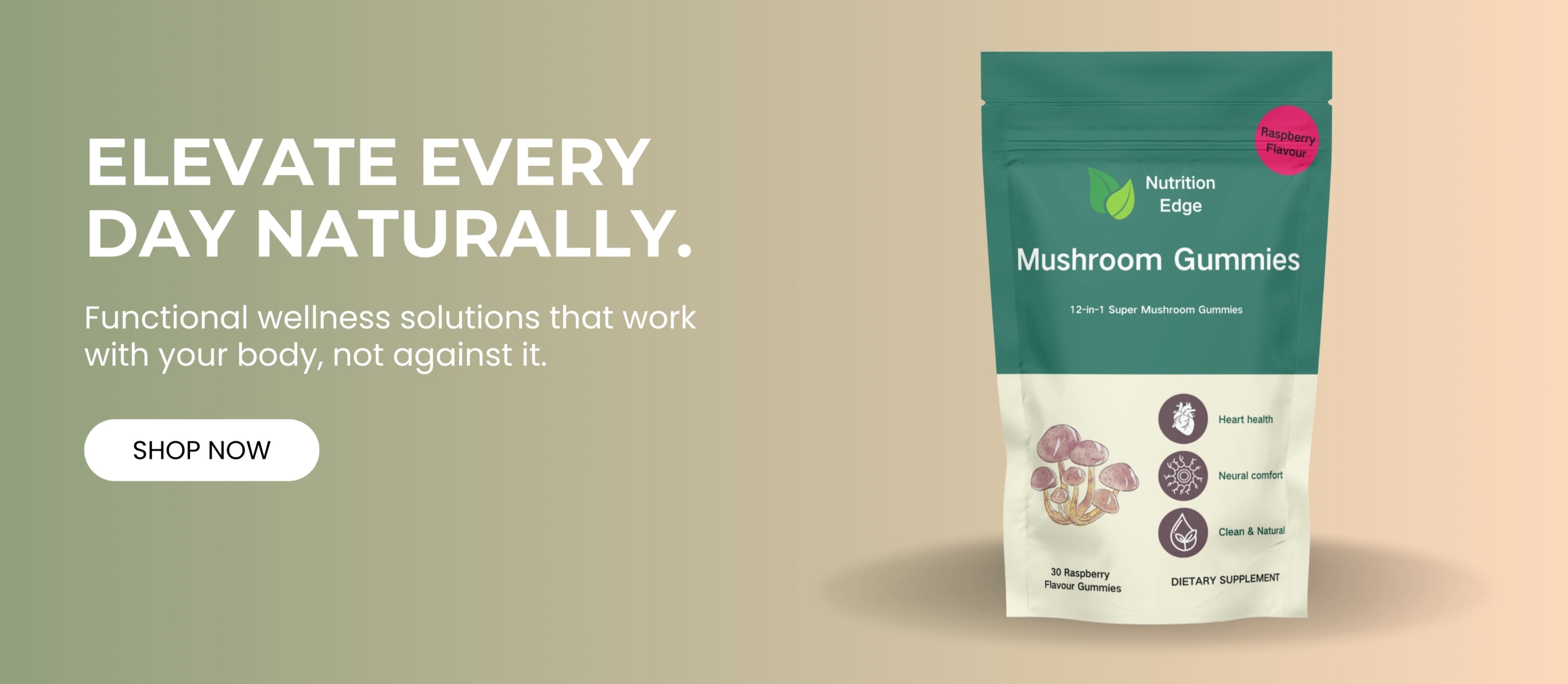 Header banner for Nutrition Edge mushroom gummies supporting brain and immune health.
