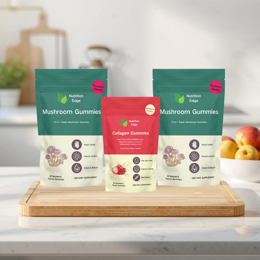Two packages of Nutrition Edge Mushroom Gummies and One Collagen Gummies on a kitchen counter.
