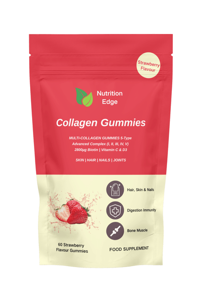 Red and beige package of Nutrition Edge Collagen Gummies with strawberry flavour on a white background