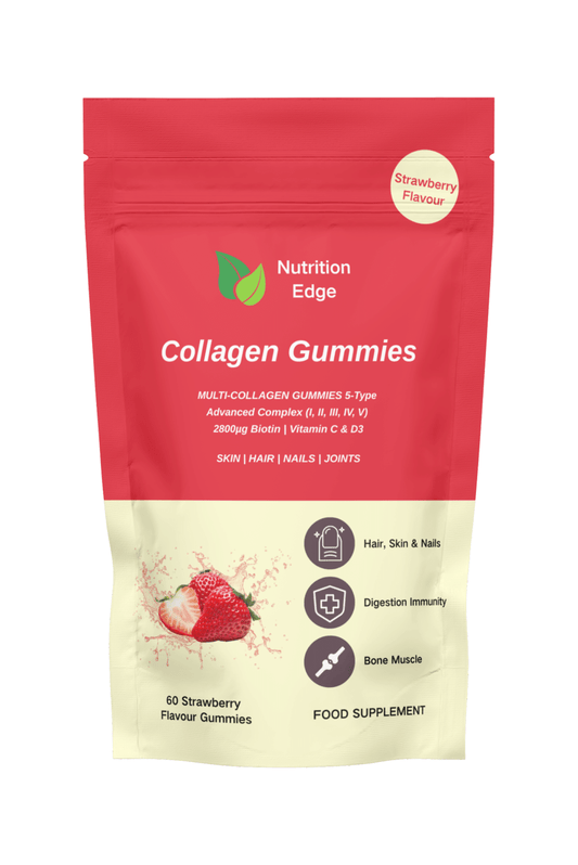 Red and beige package of Nutrition Edge Collagen Gummies with strawberry flavour on a white background