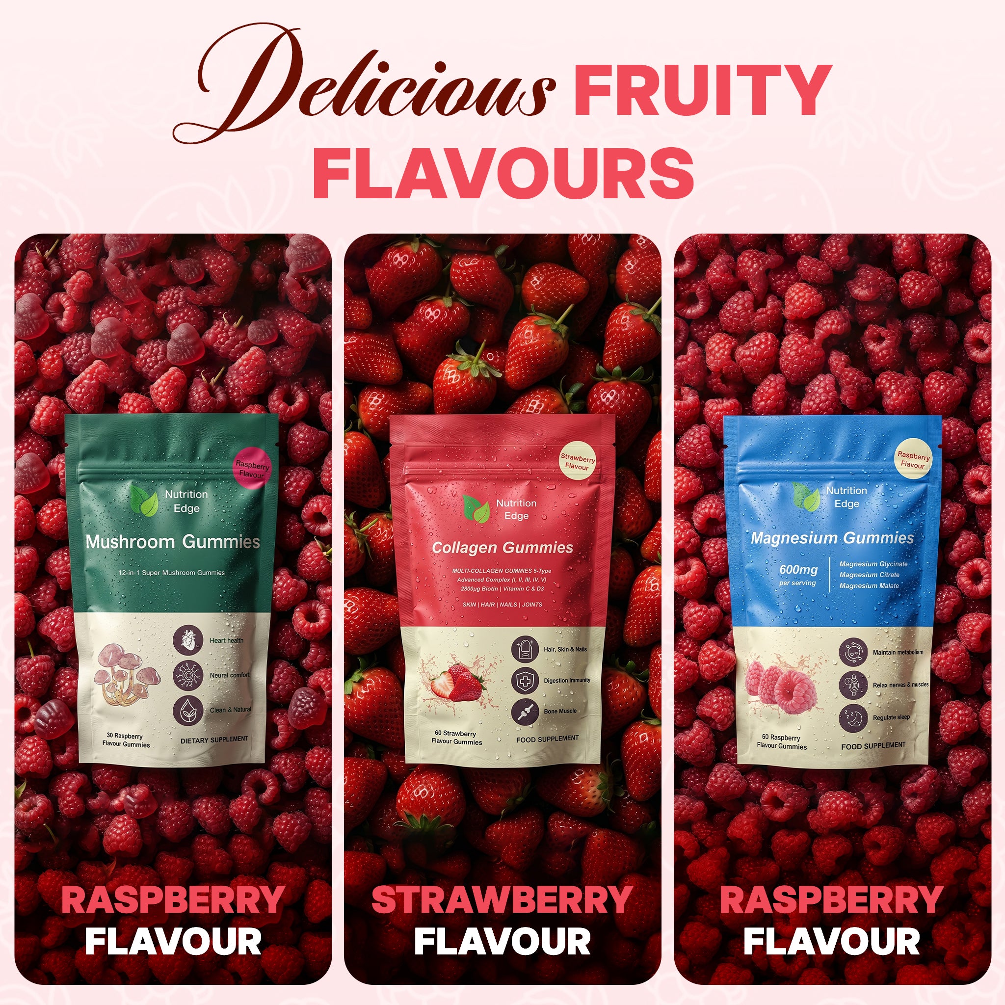 Three gummy supplement packages with raspberry, strawberry, and raspberry flavors on a red berry background.