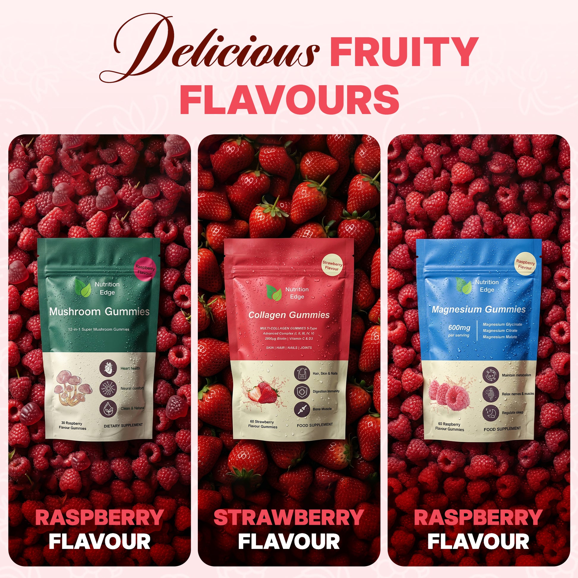 Three gummy supplement packages with raspberry, strawberry, and raspberry flavors on a red berry background.