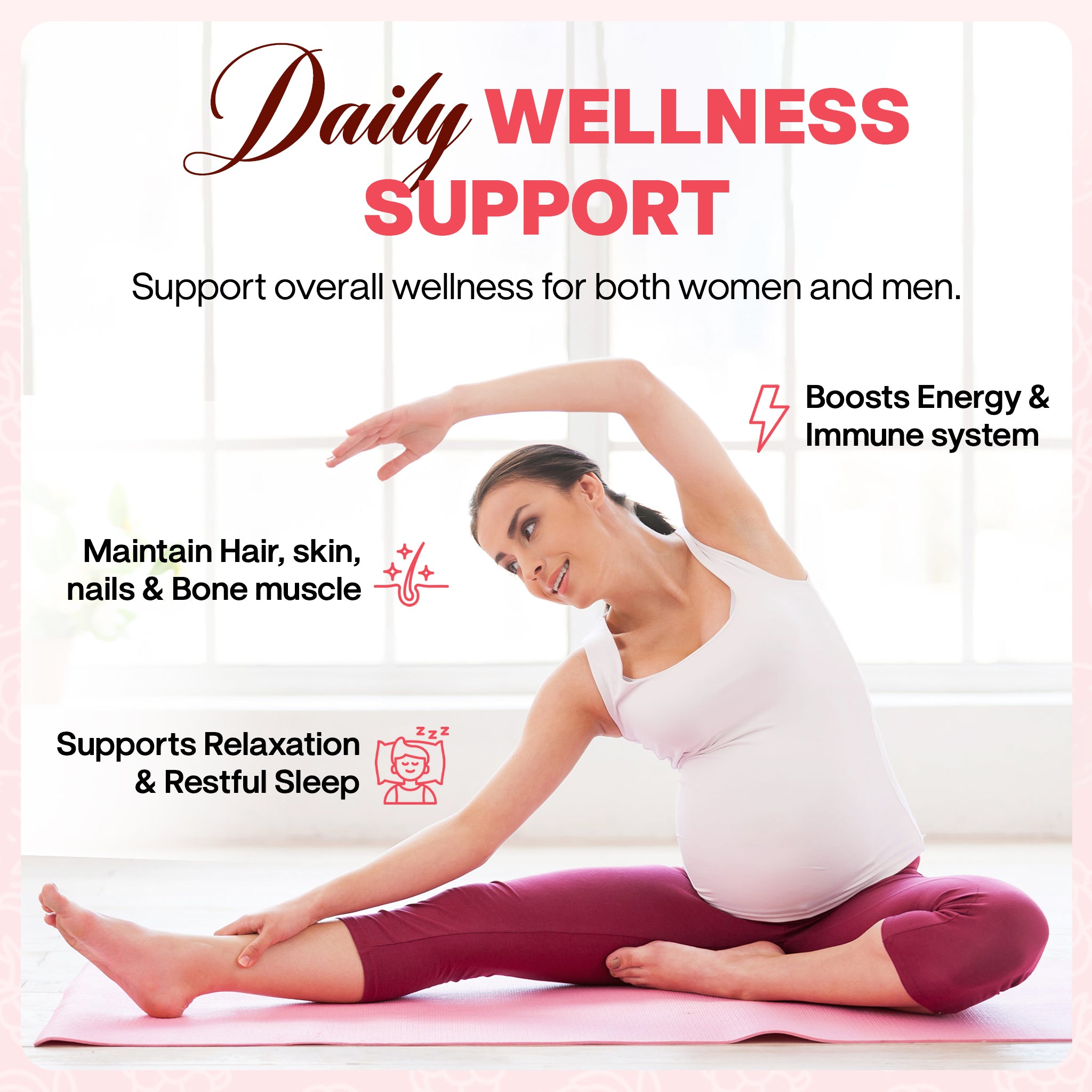 Woman practicing yoga with text about daily wellness support on a pink background