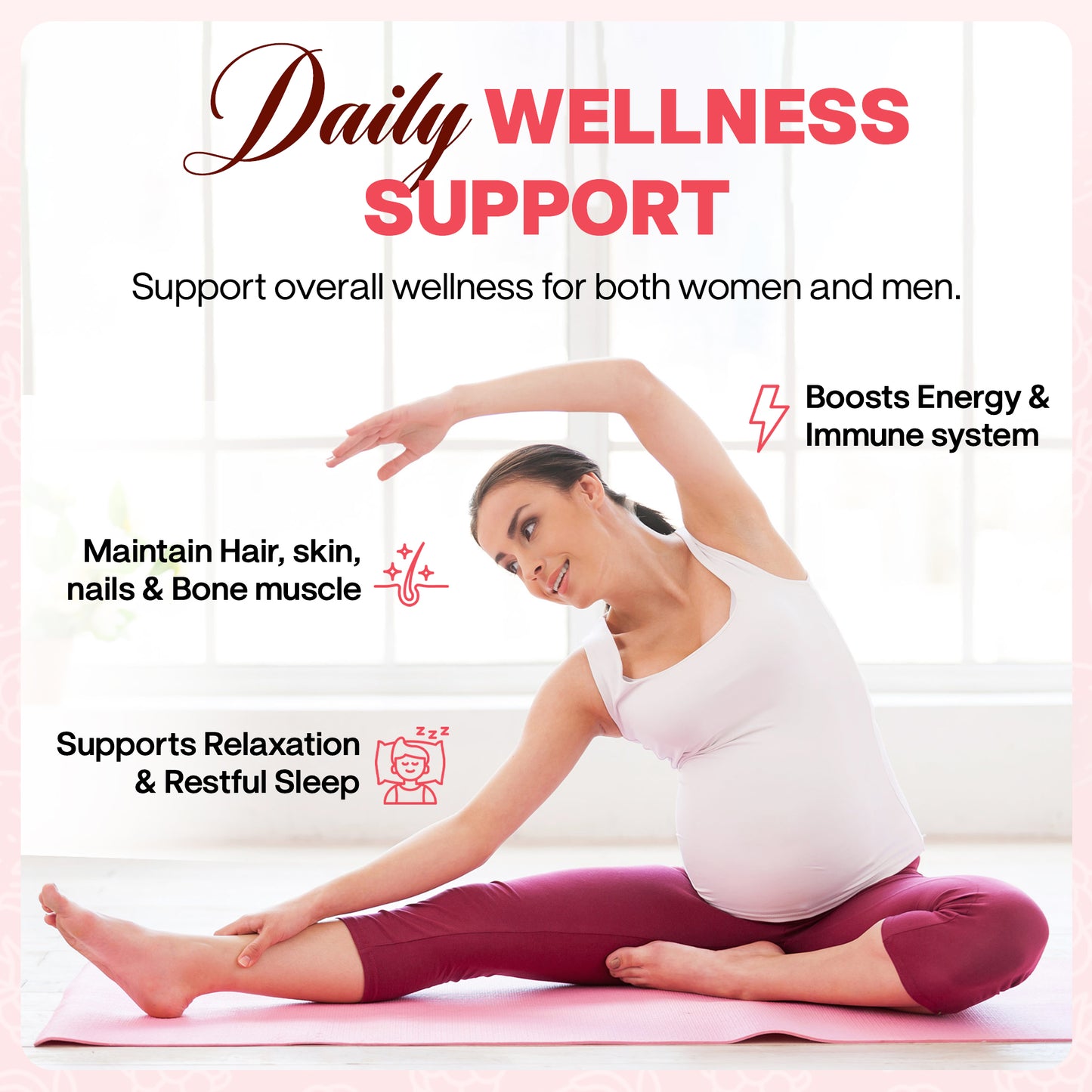 Woman practicing yoga with text about daily wellness support on a pink background