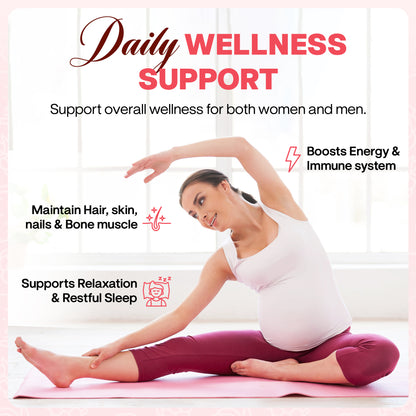 Woman practicing yoga with text about daily wellness support on a pink background