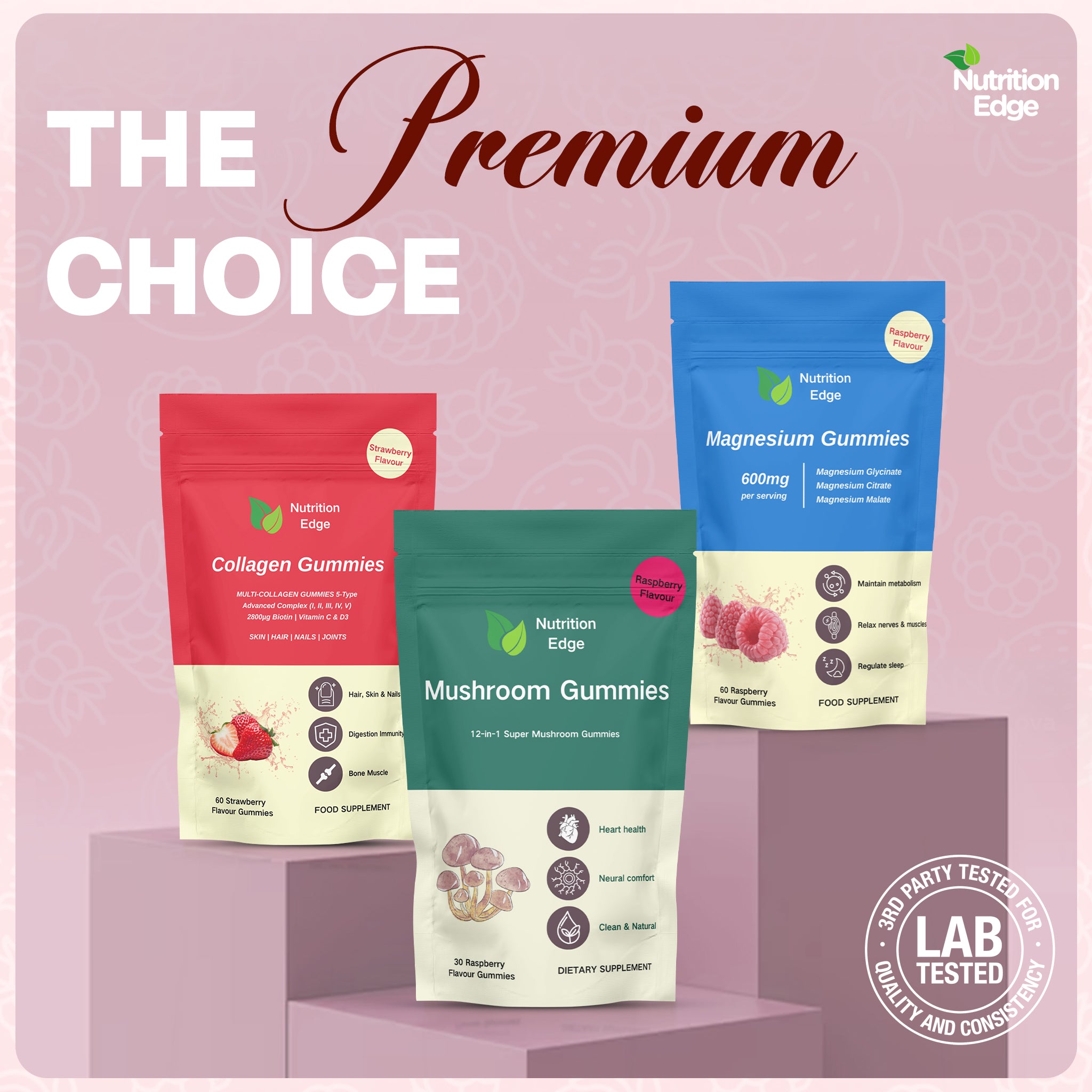 Nutrition Edge gummy packages including Collagen, Mushroom, and Magnesium on a pink background with 'The Premium Choice' text.