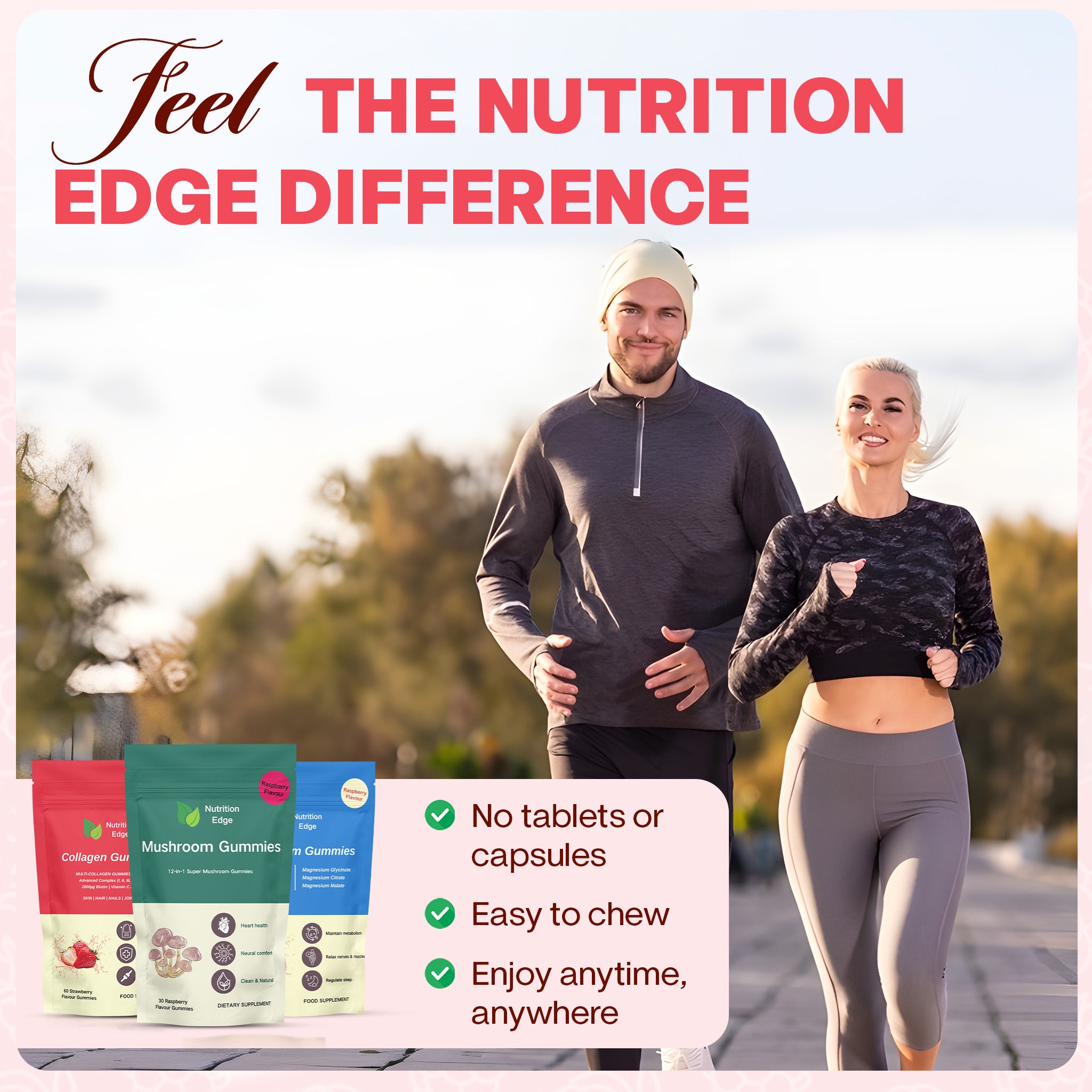 Two people running outdoors with supplement packages and text about nutrition products.