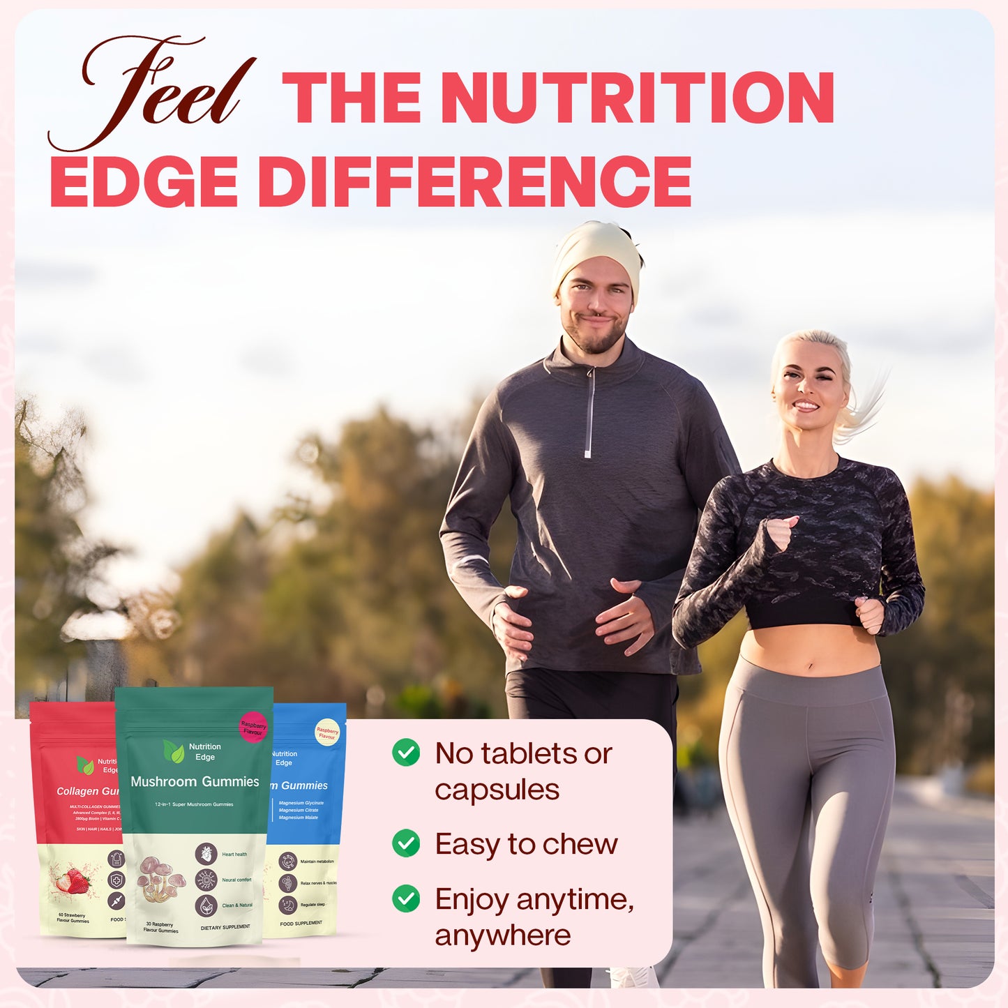 Two people running outdoors with supplement packages and text about nutrition products.