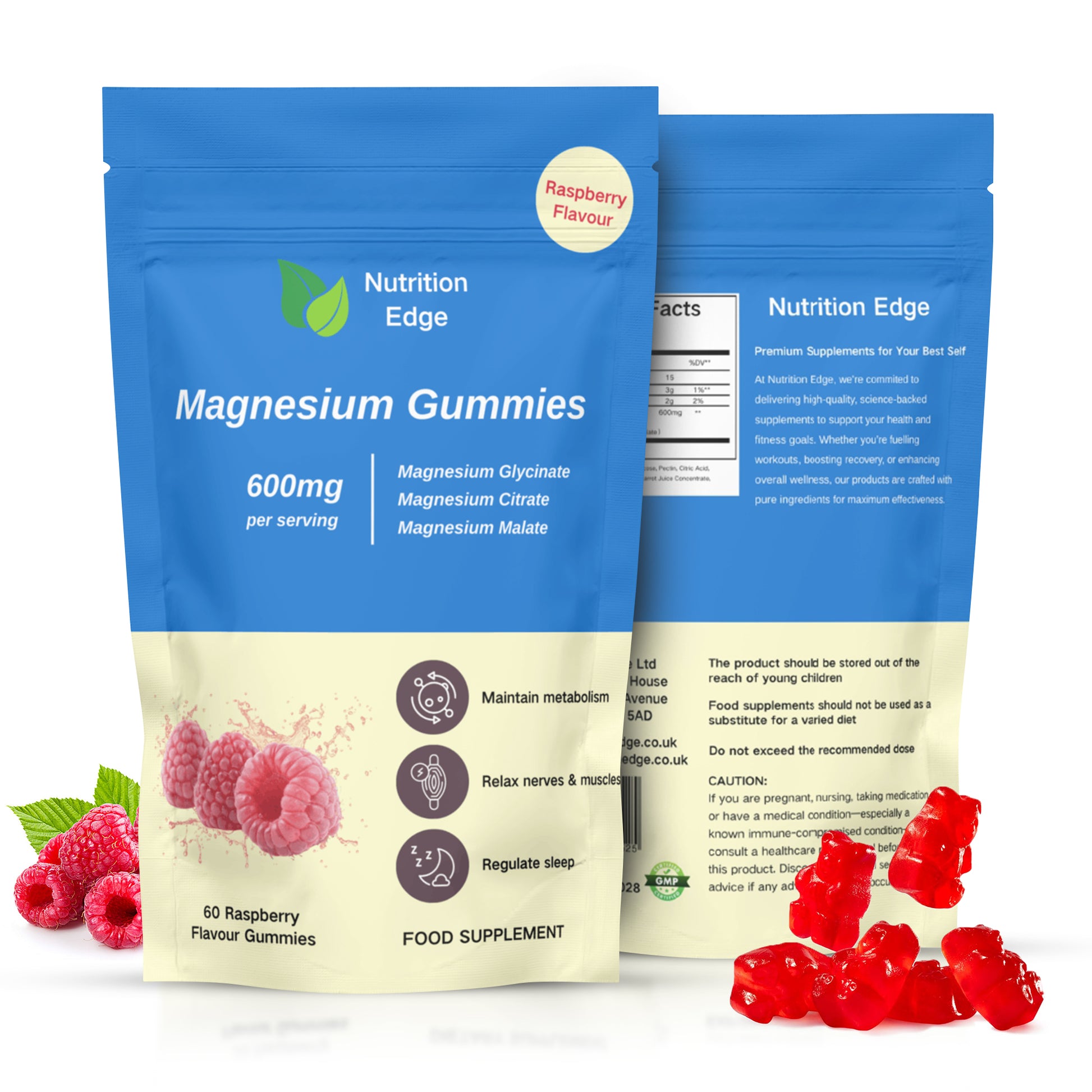 Nutrition Edge Magnesium Gummies packaging with gummy bears and raspberries on a white background