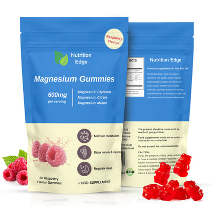 Nutrition Edge Magnesium Gummies packaging with gummy bears and raspberries on a white background