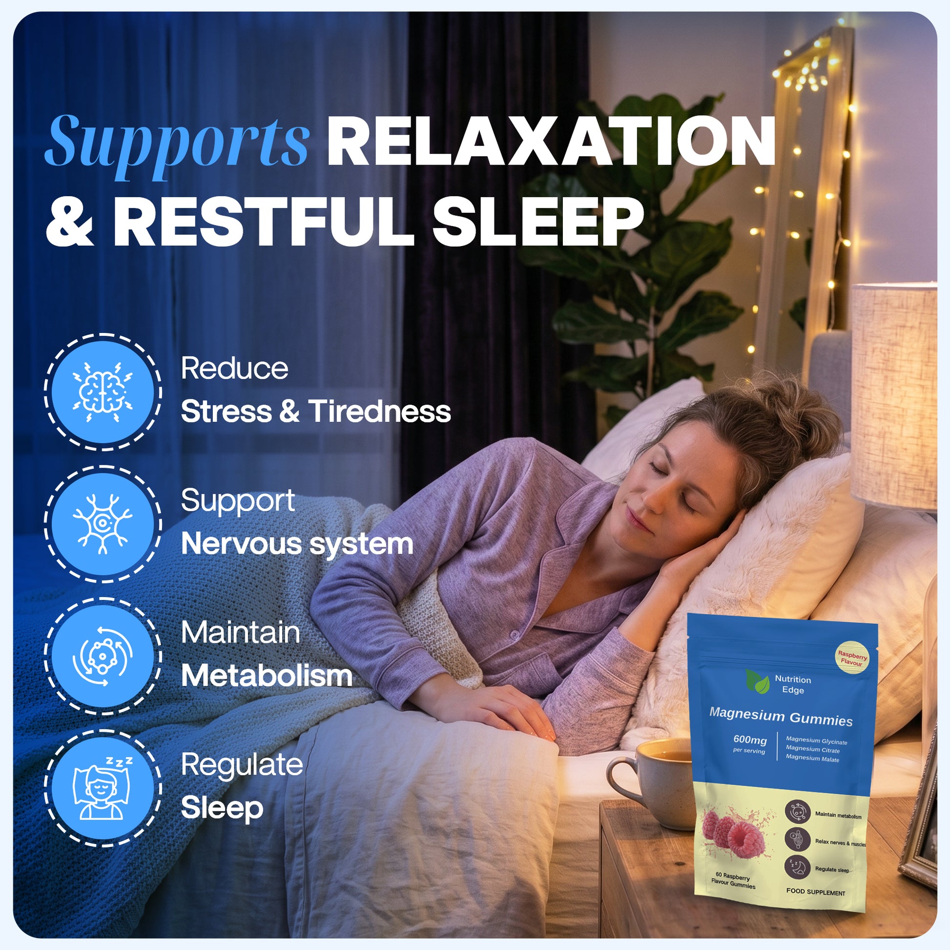 Woman lying in bed with a package of magnesium gummies on a nightstand, promoting relaxation and restful sleep.