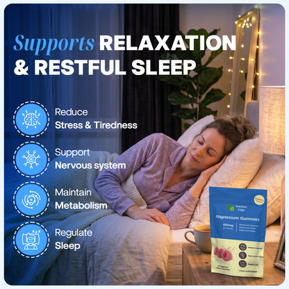 Woman lying in bed with a package of magnesium gummies on a nightstand, promoting relaxation and restful sleep.