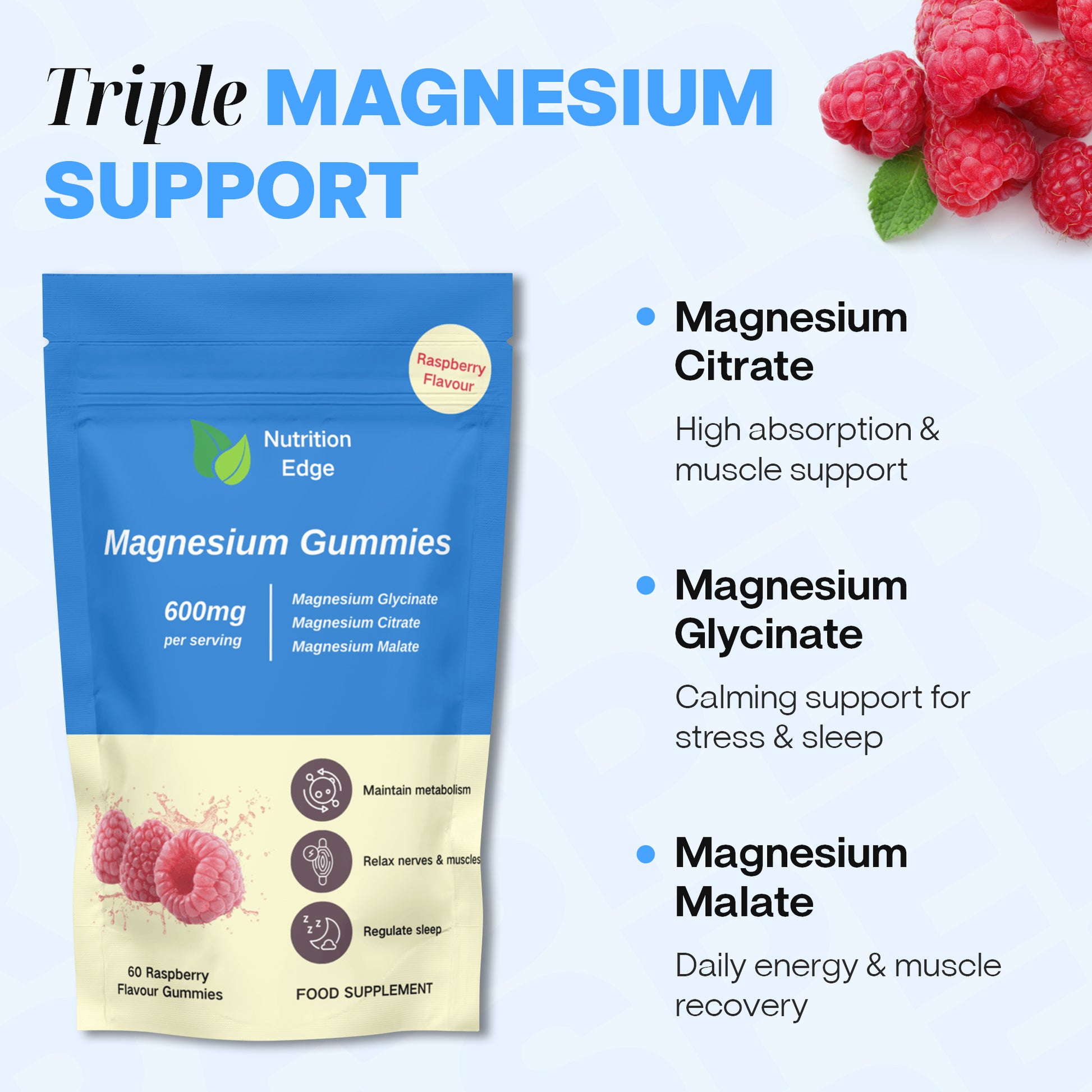 Blue package of Magnesium Gummies with raspberry flavor, featuring nutritional information on a light blue background.