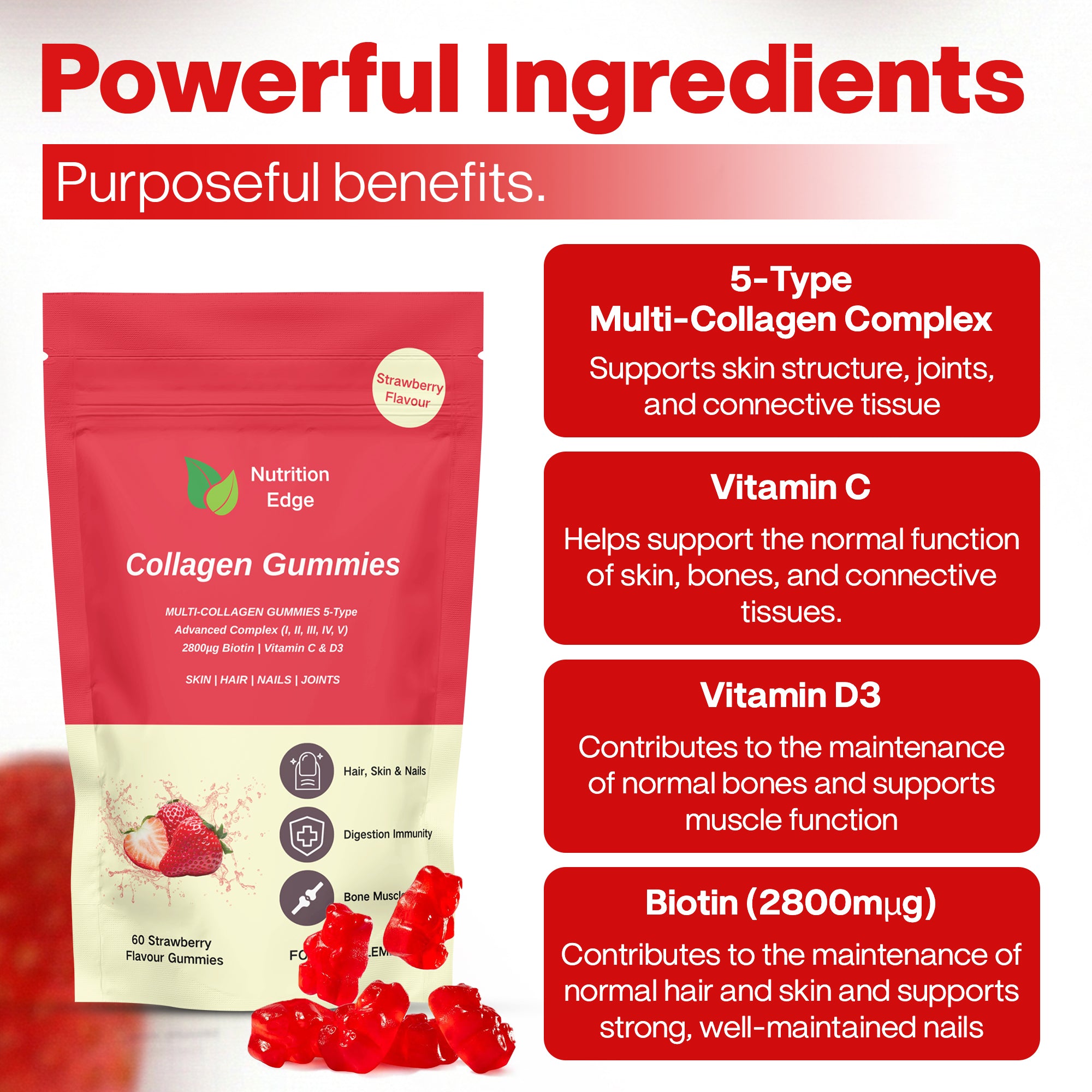 Advanced Multi-Collagen Complex Gummies (Types I, II, III, IV, V) | Strawberry