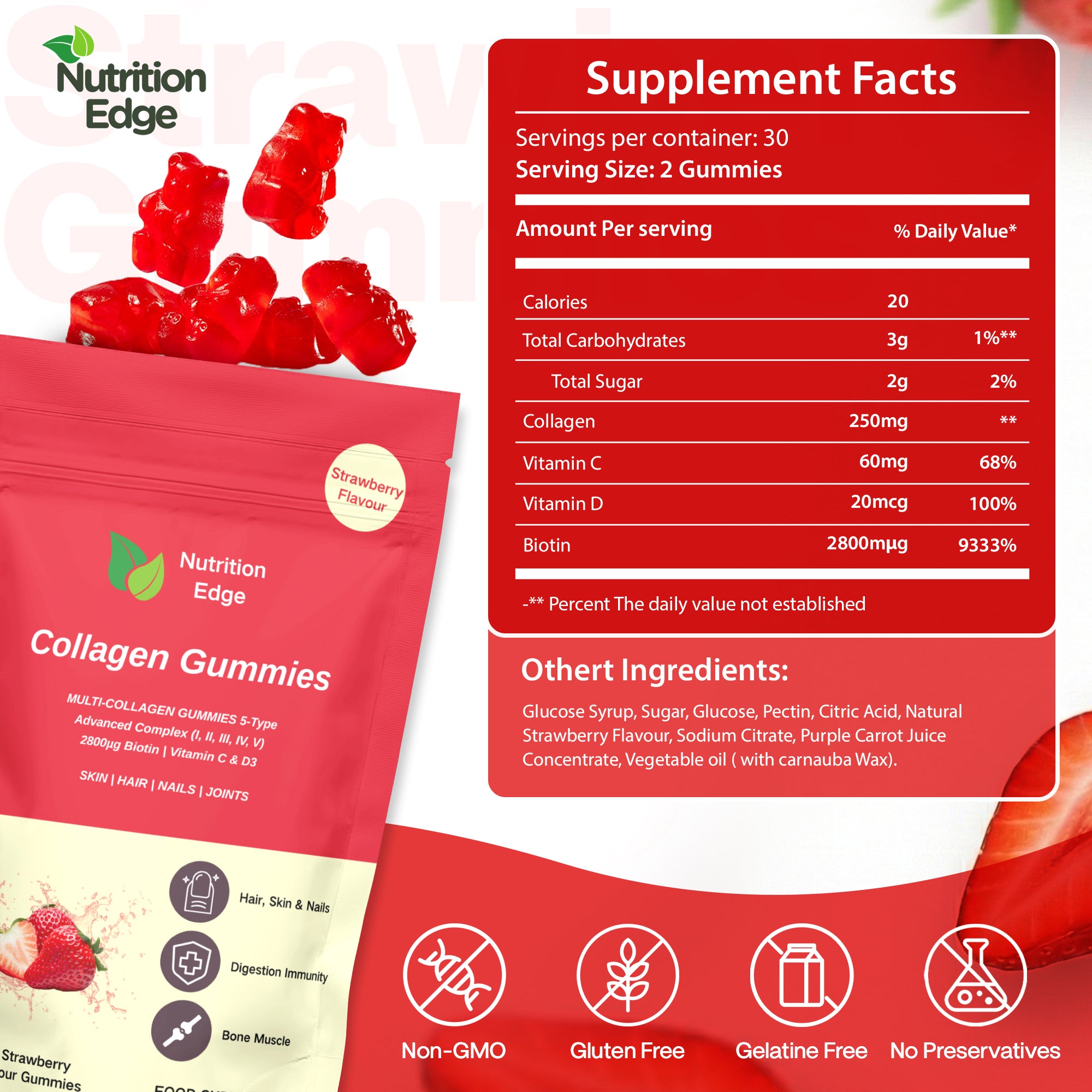 Advanced Multi-Collagen Complex Gummies (Types I, II, III, IV, V) | Strawberry
