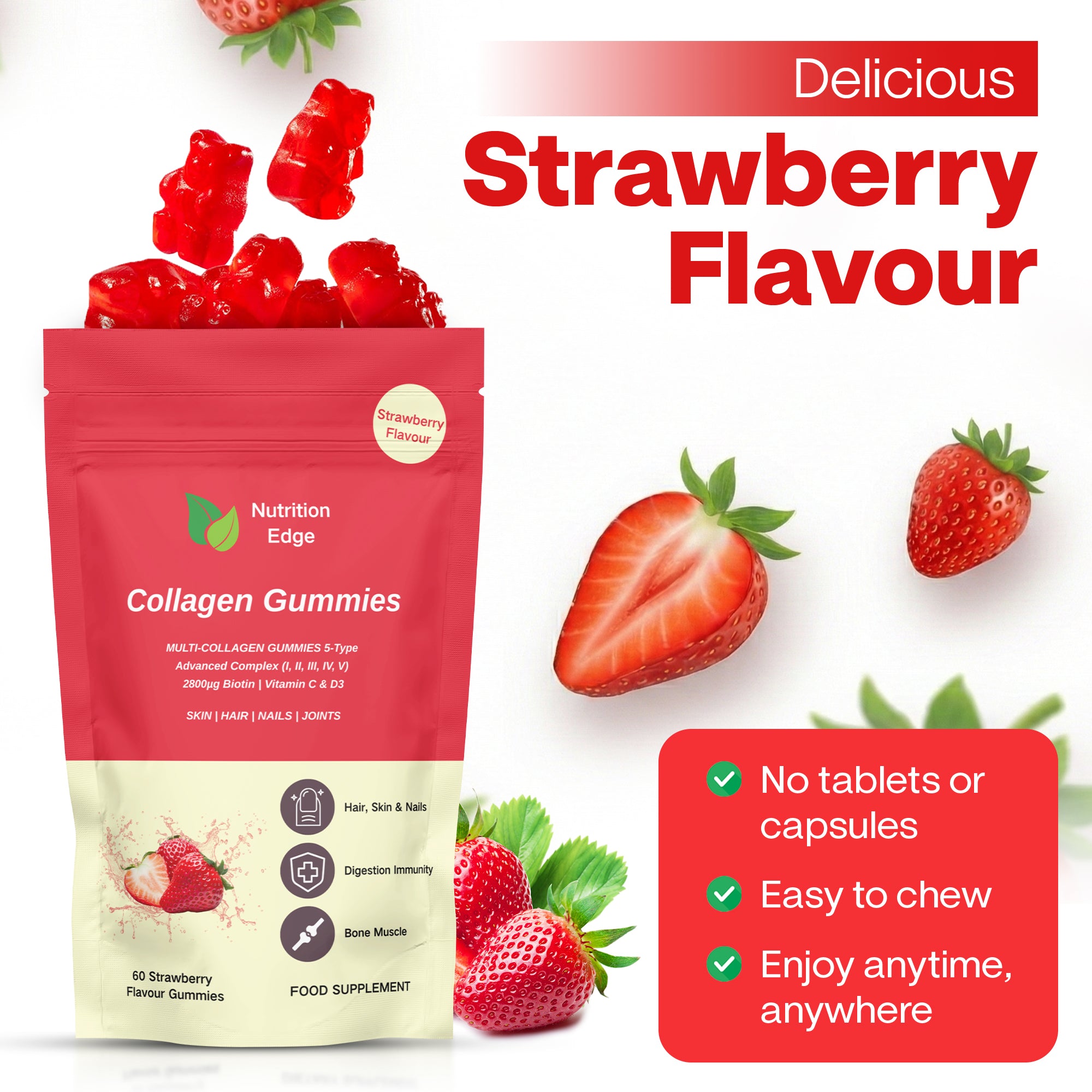 Advanced Multi-Collagen Complex Gummies (Types I, II, III, IV, V) | Strawberry