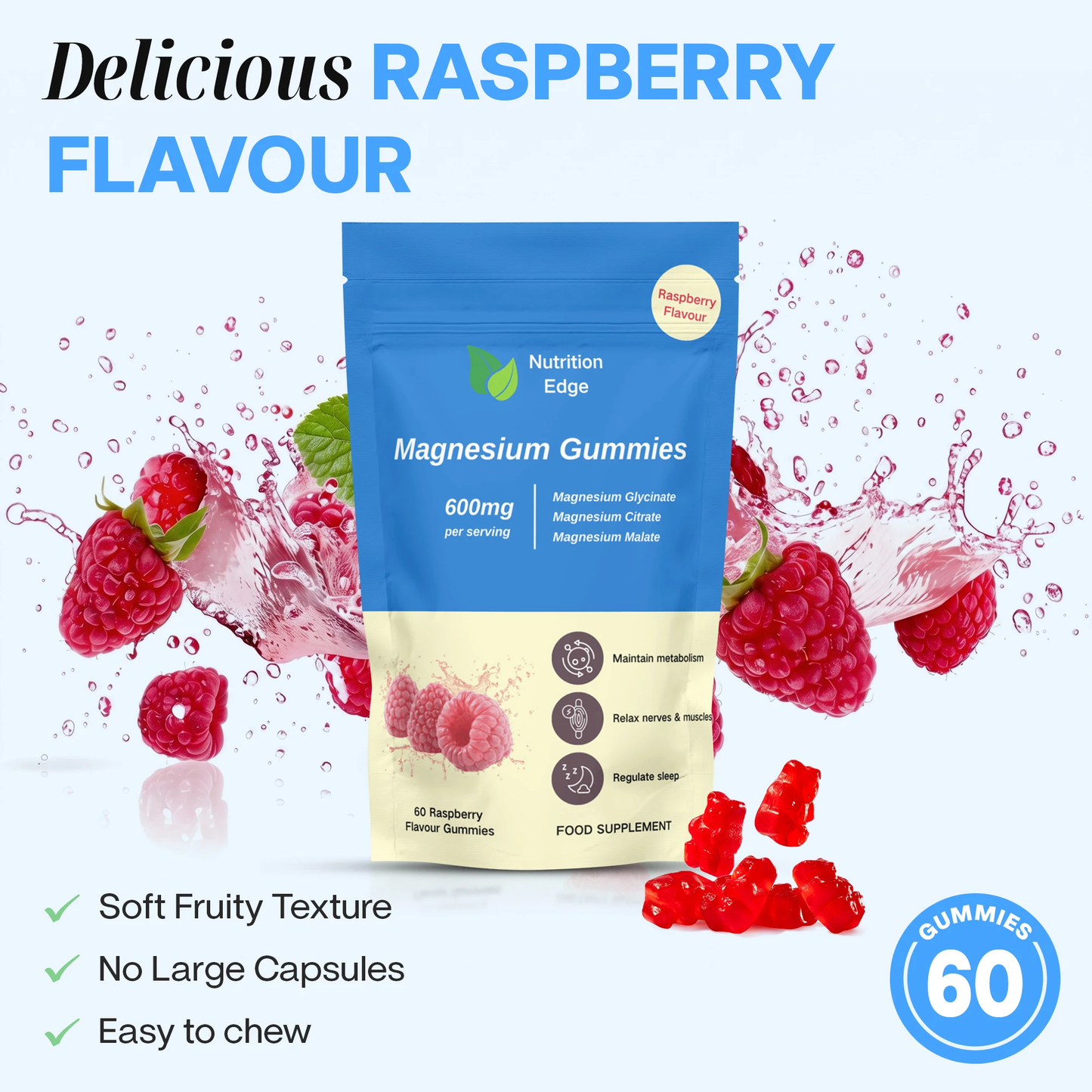 Nutrition Edge magnesium gummies packaging with raspberries and water droplets on a light blue background