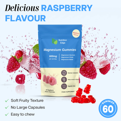 Nutrition Edge magnesium gummies packaging with raspberries and water droplets on a light blue background