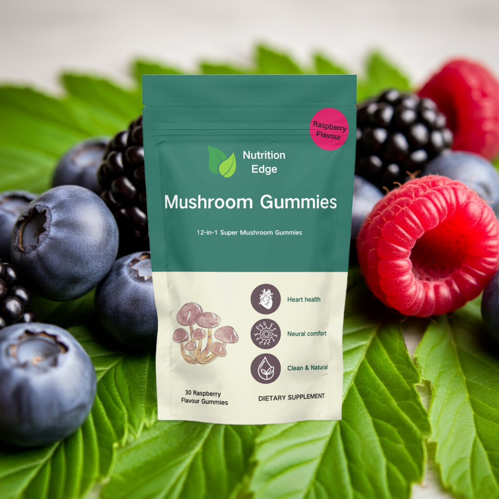 A pack of mushroom gummies surrounded by fruit