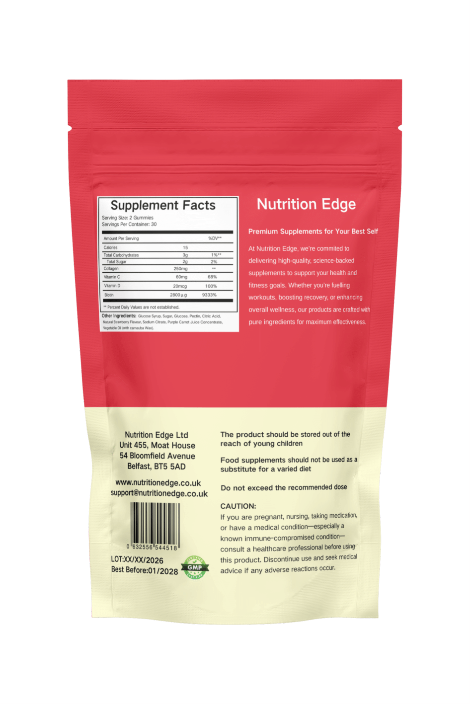 Back view of a supplement package with red and beige design, showing 'Nutrition Edge' branding.
